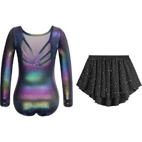 Zaclotre Gymnastics Leotards for Girls Long Sleeve Crisscross Back Ballet Dance Outfit with Removable Skirt Combo