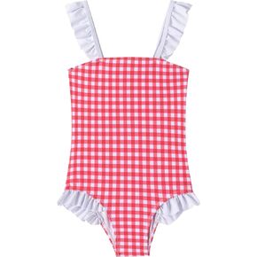 LIZENS Girls One Piece Swimwear Checker Print Ruffles Bathing Suit for Kids Size 2-12
