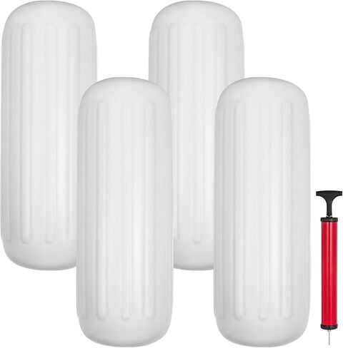 VEVOR Boat Fenders, 10" x 28" Vinyl Marine Boat Bumpers, Center Hole Ribbed Inflatable Boat Fender for Docking, Marine Dock Fender with Inflation Pump, White, 4 Packs in Saudi Arabia