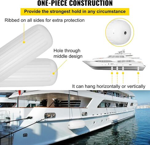 VEVOR Boat Fenders, 10" x 28" Vinyl Marine Boat Bumpers, Center Hole Ribbed Inflatable Boat Fender for Docking, Marine Dock Fender with Inflation Pump, White, 4 Packs in Saudi Arabia