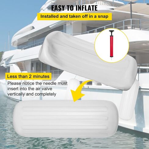 VEVOR Boat Fenders, 10" x 28" Vinyl Marine Boat Bumpers, Center Hole Ribbed Inflatable Boat Fender for Docking, Marine Dock Fender with Inflation Pump, White, 4 Packs in Saudi Arabia