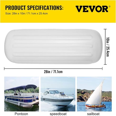 VEVOR Boat Fenders, 10" x 28" Vinyl Marine Boat Bumpers, Center Hole Ribbed Inflatable Boat Fender for Docking, Marine Dock Fender with Inflation Pump, White, 4 Packs in Saudi Arabia