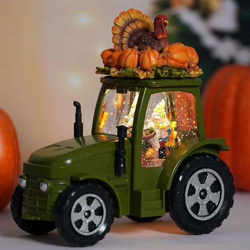 Green Tractor Fall Snow Globe, Fall Decorations for Home, Swirling Glitter Snow Globe with Timer, Fall Harvest Day Autumn Thanksgiving Pumpkin Turkeys Gnome Decorations in Saudi Arabia