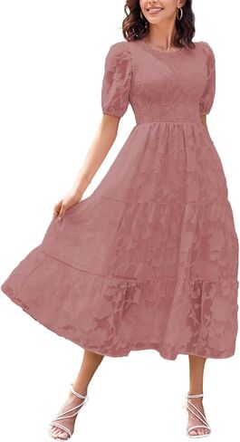 SDEER Women's Smocked Flutter Short Sleeve Midi Dress Summer V Neck Pleated Layered Dress(Blue,L) in Saudi Arabia