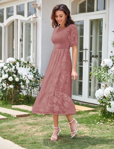 SDEER Women's Smocked Flutter Short Sleeve Midi Dress Summer V Neck Pleated Layered Dress(Blue,L) in Saudi Arabia
