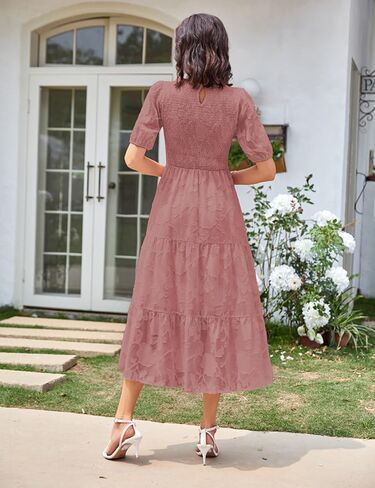 SDEER Women's Smocked Flutter Short Sleeve Midi Dress Summer V Neck Pleated Layered Dress(Blue,L) in Saudi Arabia