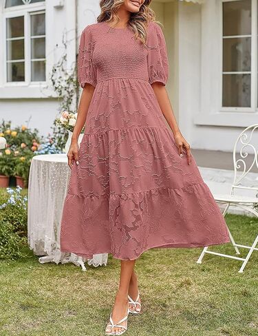 SDEER Women's Smocked Flutter Short Sleeve Midi Dress Summer V Neck Pleated Layered Dress(Blue,L) in Saudi Arabia