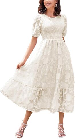 SDEER Women's Smocked Flutter Short Sleeve Midi Dress Summer V Neck Pleated Layered Dress(Blue,L) in Kuwait