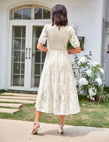 SDEER Women's Smocked Flutter Short Sleeve Midi Dress Summer V Neck Pleated Layered Dress(Blue,L) in Kuwait