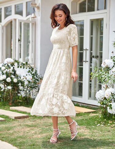 SDEER Women's Smocked Flutter Short Sleeve Midi Dress Summer V Neck Pleated Layered Dress(Blue,L) in Kuwait