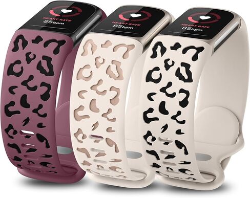 Minyee 3 Packs Leopard Engraved Band Compatible with Fitbit Charge 6 Bands/Fitbit Charge 5 Bands Women, Two-Tone Cheetah Soft Silicone Sport Designer Summer Replacement Wristband Strap for Charge 6/5 in Saudi Arabia
