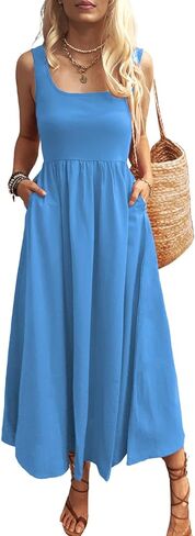 Women's Sleeveless Maxi Dress Spaghetti Strap Summer Casual Loose Tiered Flowy Swing Beach Cami Long Dresses with Pockets Black S in Saudi Arabia