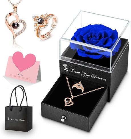 Preserved Blue Real Rose with I Love You Necklace in 100 Languages -Eternal Enchanted Rose Flower Gifts for Mom Grandma from Daughter/Son on Mothers Day Anniversary Valentines Day Birthday Mom Gifts in Saudi Arabia