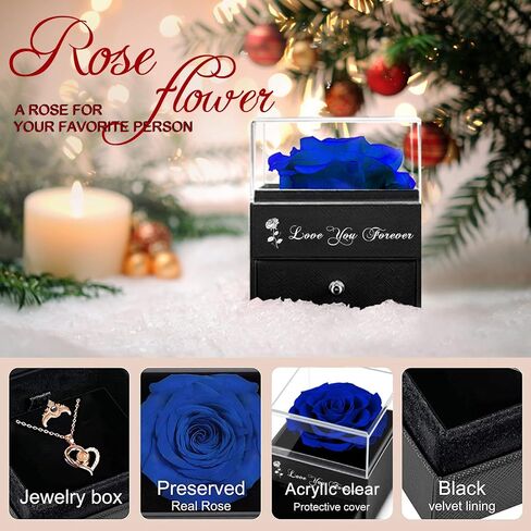 Preserved Blue Real Rose with I Love You Necklace in 100 Languages -Eternal Enchanted Rose Flower Gifts for Mom Grandma from Daughter/Son on Mothers Day Anniversary Valentines Day Birthday Mom Gifts in Saudi Arabia