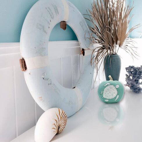 Needzo Turquoise Faux Pumpkins Nautical Bathroom Decor for Vacation Homes, Fall at The Beach Fake Pumpkin with Glittery Painted Turtle, 7 Inches in Saudi Arabia