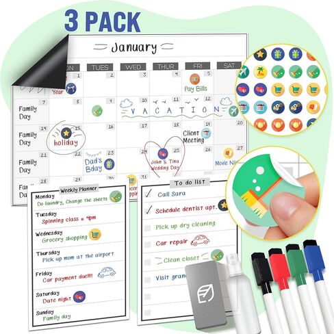 تقويم السبورة البيضاء المغناطيسية القابلة للمسح الجاف - 11 × 17 بوصة - لوحة كبيرة ممتازة قابلة لإعادة الاستخدام للثلاجة - مخطط ثلاجة المطبخ الأسبوعي ومنظم العادات الذرية الذكية in Kuwait