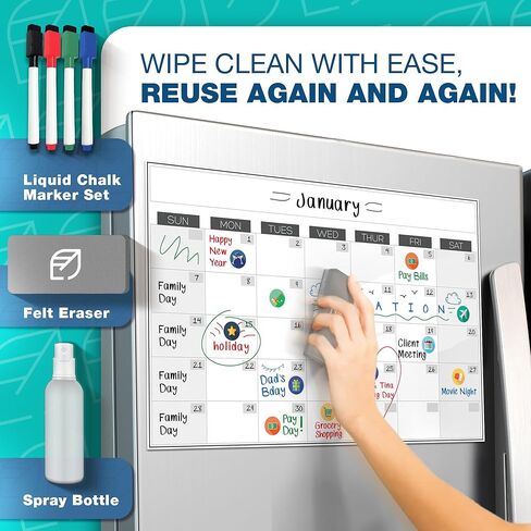 تقويم السبورة البيضاء المغناطيسية القابلة للمسح الجاف - 11 × 17 بوصة - لوحة كبيرة ممتازة قابلة لإعادة الاستخدام للثلاجة - مخطط ثلاجة المطبخ الأسبوعي ومنظم العادات الذرية الذكية in Kuwait