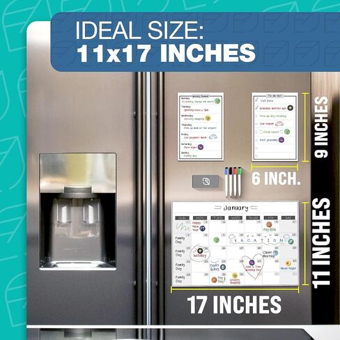 تقويم السبورة البيضاء المغناطيسية القابلة للمسح الجاف - 11 × 17 بوصة - لوحة كبيرة ممتازة قابلة لإعادة الاستخدام للثلاجة - مخطط ثلاجة المطبخ الأسبوعي ومنظم العادات الذرية الذكية in Kuwait