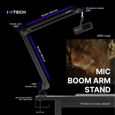 IXTECH Microphone Boom Arm Stand, Heavy Duty Adjustable Mic Stand with Cable Ties, Desk Mount Arm Stand for Gaming Streaming Podcasting (LARGE). in Saudi Arabia