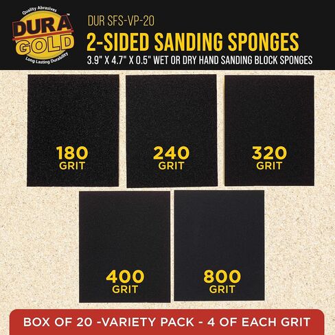 Dura-Gold 800 Grit Double-Sided Sanding Sponges, Box of 10 - Performance Flex 4.7" x 3.9" Wet or Dry Flexible Softback Sandpaper Sponges, Hand Sanding Abrasive Block Pad - Home, Wood, Metal Auto Paint in Saudi Arabia