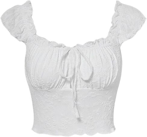 COZYEASE Women's Floral Print Ruched Bust Frill Trim Knot Front Crop Tee Cap Sleeve Bodycon Summer Top in Saudi Arabia