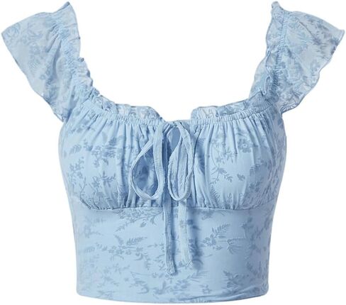 COZYEASE Women's Floral Print Ruched Bust Frill Trim Knot Front Crop Tee Cap Sleeve Bodycon Summer Top in Saudi Arabia