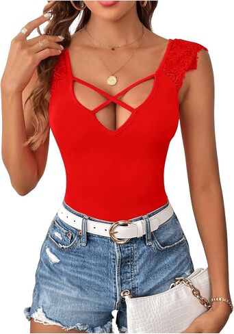 Milumia Women Eyelash Lace Cap Sleeve T-Shirt Deep V Neck Criss Cross Fitted Tee Tops in Saudi Arabia