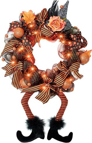 أكاليل الهالوين من Joiedomi مع 50 مصباح LED مقاس 28 × 18 بوصة أكاليل قبعة الساحرة مع أرجل ساحرة للهالوين ديكور معلق إكليل من الزهور للباب الأمامي والشرفة والنافذة والأماكن الداخلية والخارجية in Kuwait