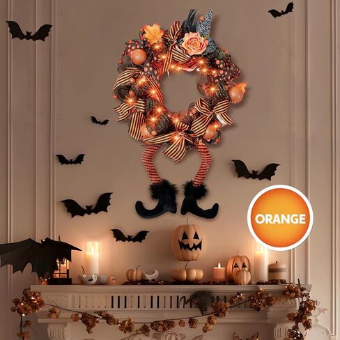 أكاليل الهالوين من Joiedomi مع 50 مصباح LED مقاس 28 × 18 بوصة أكاليل قبعة الساحرة مع أرجل ساحرة للهالوين ديكور معلق إكليل من الزهور للباب الأمامي والشرفة والنافذة والأماكن الداخلية والخارجية in Kuwait