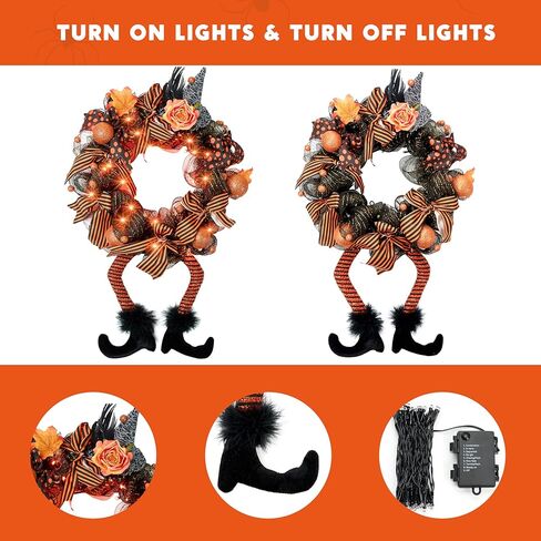 أكاليل الهالوين من Joiedomi مع 50 مصباح LED مقاس 28 × 18 بوصة أكاليل قبعة الساحرة مع أرجل ساحرة للهالوين ديكور معلق إكليل من الزهور للباب الأمامي والشرفة والنافذة والأماكن الداخلية والخارجية in Kuwait