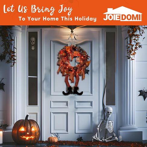 أكاليل الهالوين من Joiedomi مع 50 مصباح LED مقاس 28 × 18 بوصة أكاليل قبعة الساحرة مع أرجل ساحرة للهالوين ديكور معلق إكليل من الزهور للباب الأمامي والشرفة والنافذة والأماكن الداخلية والخارجية in Kuwait