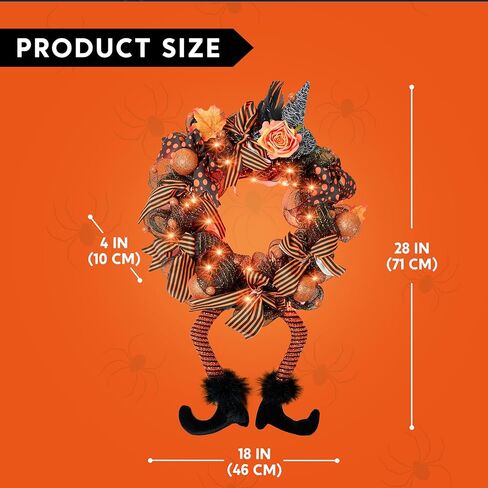 أكاليل الهالوين من Joiedomi مع 50 مصباح LED مقاس 28 × 18 بوصة أكاليل قبعة الساحرة مع أرجل ساحرة للهالوين ديكور معلق إكليل من الزهور للباب الأمامي والشرفة والنافذة والأماكن الداخلية والخارجية in Kuwait
