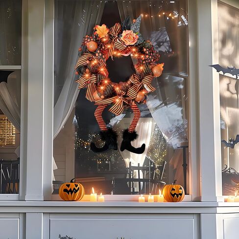 أكاليل الهالوين من Joiedomi مع 50 مصباح LED مقاس 28 × 18 بوصة أكاليل قبعة الساحرة مع أرجل ساحرة للهالوين ديكور معلق إكليل من الزهور للباب الأمامي والشرفة والنافذة والأماكن الداخلية والخارجية in Kuwait