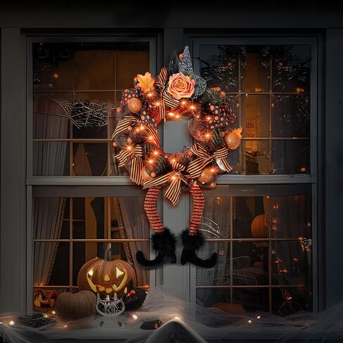 أكاليل الهالوين من Joiedomi مع 50 مصباح LED مقاس 28 × 18 بوصة أكاليل قبعة الساحرة مع أرجل ساحرة للهالوين ديكور معلق إكليل من الزهور للباب الأمامي والشرفة والنافذة والأماكن الداخلية والخارجية in Kuwait