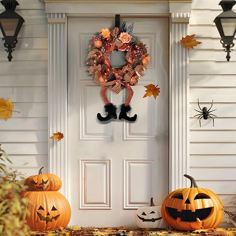 أكاليل الهالوين من Joiedomi مع 50 مصباح LED مقاس 28 × 18 بوصة أكاليل قبعة الساحرة مع أرجل ساحرة للهالوين ديكور معلق إكليل من الزهور للباب الأمامي والشرفة والنافذة والأماكن الداخلية والخارجية in Kuwait