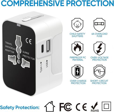 محول السفر الرقمي LKY، محول طاقة عالمي الكل في واحد، شاحن حائط عالمي بقابس تيار متردد مع منافذ شحن USB مزدوجة للهواتف المحمولة الأمريكية والاتحاد الأوروبي والمملكة المتحدة وأستراليا وأوروبا (أبيض) in Kuwait