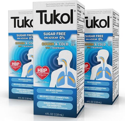 TUKOL Sugar-Free Adult Cough & Cold Relief Syrup - Non-Drowsy, Fast-Acting Cough Suppressant, High Blood Pressure Safe & Diabetics, Mucus, Phlegm Relief, Dextromethorphan, 4 Fl Oz in Kuwait