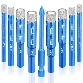 9 Piece Dry Diamond Drill Bits Set, Tile Drill Bits for Glass, Granite, Ceramic, Tile, Quartz Stone, Sizes 1/4" 5/16" 3/8" 1/2", Built-in Solid Cooling Wax, Fast Dry Drilling, Round Shank