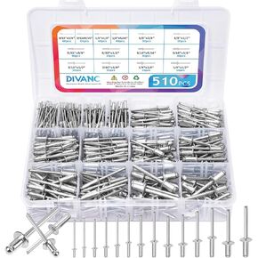 510pcs Pop Rivets Assortment Kit,14 SAE Sizes Aluminum Rivets (3/32" 1/8" 5/32" 3/16" 1/4"),Assorted Blind Rivets for Metal with Reinforced Label Case,for Furniture and Plastic Frame Windows (Silver)