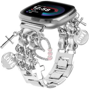 Stylish Metal Wristband Compatible with Fitbit Versa 4/Versa 3 Bands/Sense 2/Sense Band,Cute Strap with Love Cross Unique Pendants Chain Charms Bracelet for Women