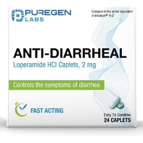 Puregen Labs Anti-Diarrheal Caplets - 24 Count - 2 mg Loperamide Hydrochloride - Easy-to-Swallow Anti-Diarrhea Pills - Diarrhea and Stomach Relief - Control Symptoms of Diarrhea