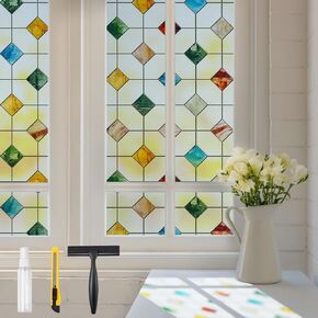 DKTIE Light Luxury 3D Stained Glass Window Film with Installation Tools, Day and Night Privacy Window Film, No Glue Static Cling Waterproof, Easy to Clean, 23.6" x 35.4", E