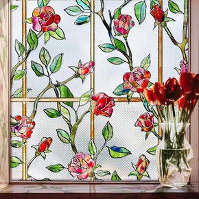 Windimiley Stained Glass Window Privacy Film: 3D Rose Decorative Bathroom Frosted Window Clings Sun Heat Blocking Flower Window Tint for Home Non Adhesive Door Window Covering (17.8 x 118.1 in,Red)