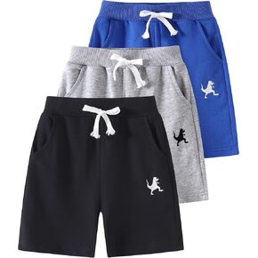 3-Pack Toddler Boys' Cotton Athletic Shorts with Pockets Pull-On Design Active Dinosaur Embroidery, Soft and Breathable