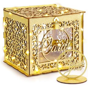Gold Wedding Card Box with Lock and LED Fairy Lights, Wooden Gift Card Box Money Box Holder for Wedding Reception, Graduation Party, Bridal Shower, Keepsake Party Favor, Cosmetic Home Decoration