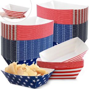 Ireer 100 Pcs Patriotic Serving Trays Paper Food Trays 2lb American Flag food boats White Blue Red Stars Stripes Food Boats for Labor Day Veterans Day Festival Events Patriotic Party Decorations