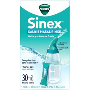 Vicks Sinex Saline Nasal Rinse Starter Kit, Drug Free Saline, Flush Out Mucus and Allergens, Fast & Effective Relief for Everyday Congestion from Sinus & Allergy, 1 Bottle + 30 Refill Packets
