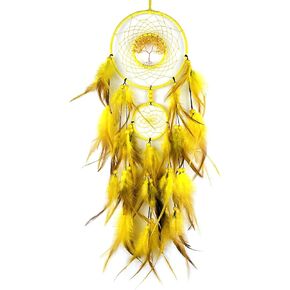 EMMTEEY Crystal Tree of Life Dream Catchers Feathers Boho Handmade Home Wall Hanging Decoration Dream Catcher for Women Girl for Bedroom Living Room,Yellow