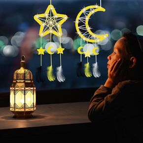 4 Pack Star Moon Dream Catcher Craft Kit, Ramadan DIY Dream Catcher with Light Eid Mubarak Decorations Hanging Ornament Coloring Craft for Kids
