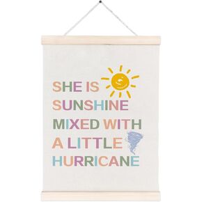 Hxlac Boho Girl Room Poster Hanger Frame, Inspirational Girl Nursery Banner Wall Art with Wood Frames, She Is Sunshine Mixed with A Little Hurricane Wall Hanging Decor for Girls Room Nursery (12x16 inch)